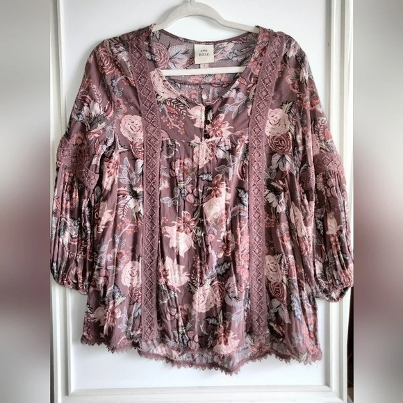 Knox Rose Peasant Blouse Women's Size M Pink Floral Boho Hi-Lo Hem - Picture 1 of 7